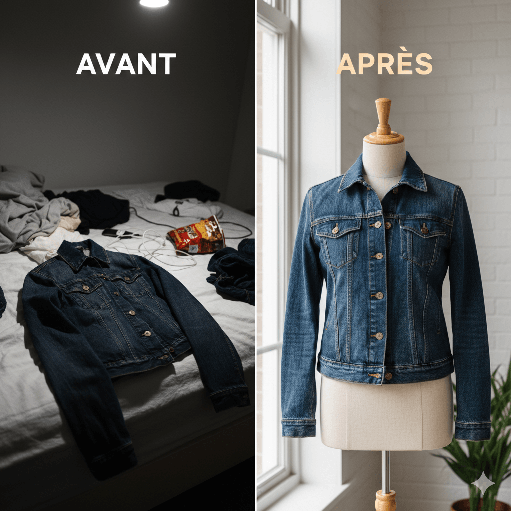 Comparaison avant et après d'un vêtement photographié pour Vinted