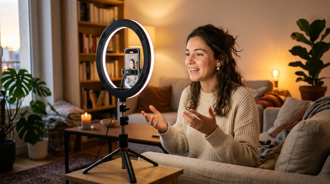 Créatrice filmant un Reel au téléphone monté à la verticale sur trépied, éclairée par un anneau lumineux dans son salon