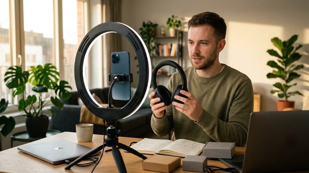 Créateur présentant un casque audio à son téléphone monté au centre d'un anneau lumineux, carnet ouvert et boîtes de produits sur la table