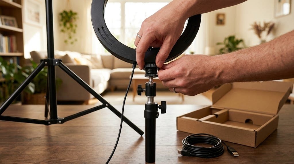 Comment installer une ring light : l'anneau sur le trépied Mains vissant un anneau lumineux de 26 cm sur la tête d'un trépied télescopique, les pieds déjà écartés au sol