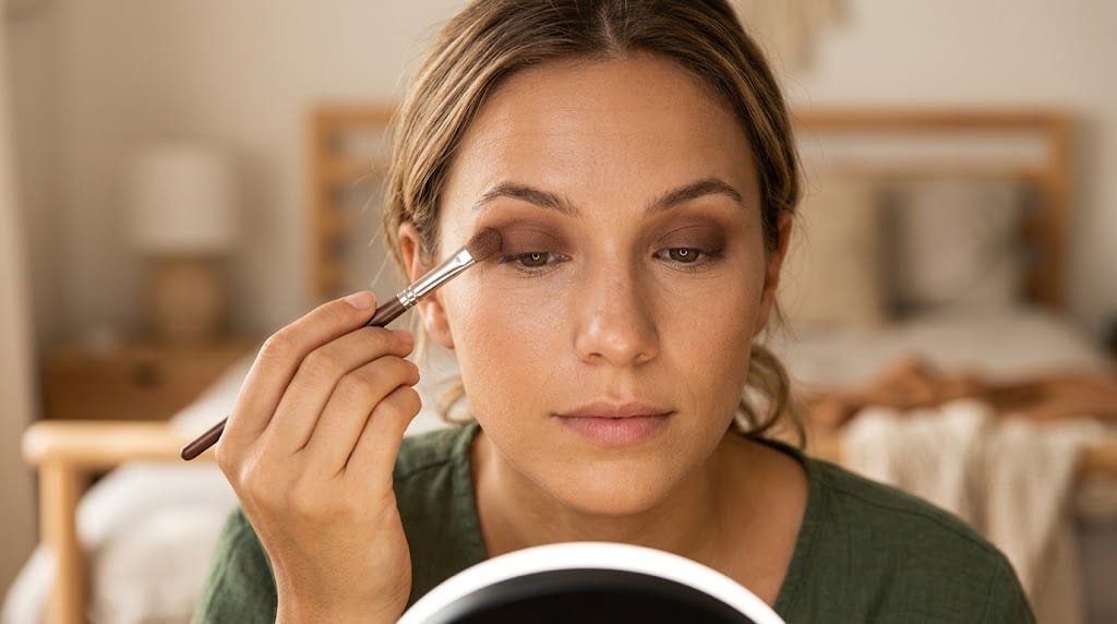 Femme appliquant au pinceau un fard à paupières mat, le visage éclairé de face par un petit anneau lumineux