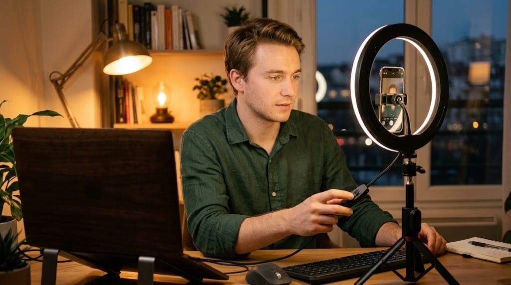 Comment utiliser une ring light : le réglage à l'écran Personne assise face à une ring light de 26 cm, téléphone au centre, ajustant l'intensité en regardant l'écran