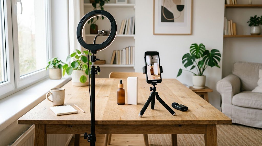 Coin tournage d'un créateur UGC : téléphone sur petit trépied face à un flacon et sa boîte posés sur une table en bois, ring light sur pied à côté et micro sans fil sur la table