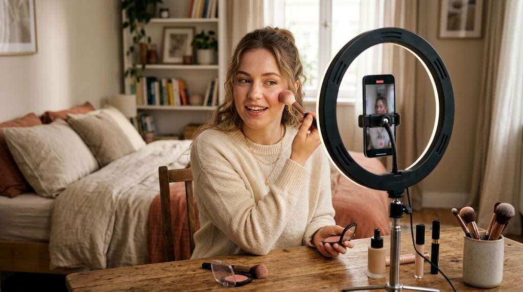 Jeune femme assise à une table, filmant un GRWM avec son téléphone tenu au centre d'un anneau lumineux de table