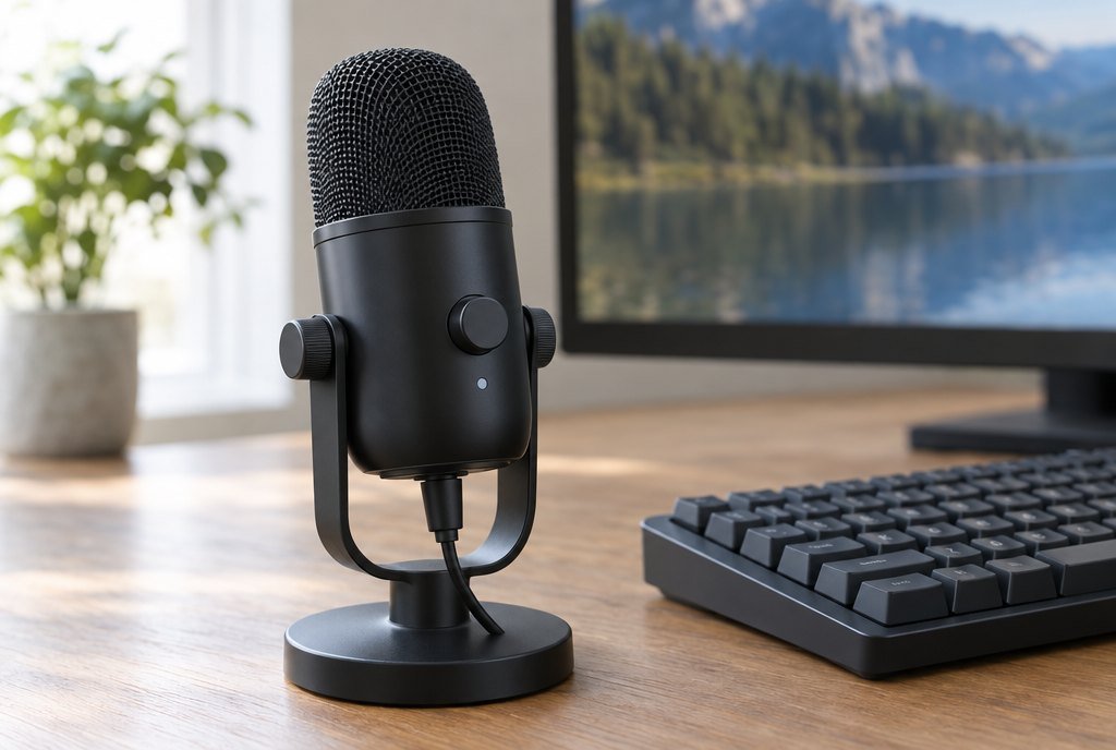 Micro USB noir sur son pied, posé sur un bureau à côté d'un clavier