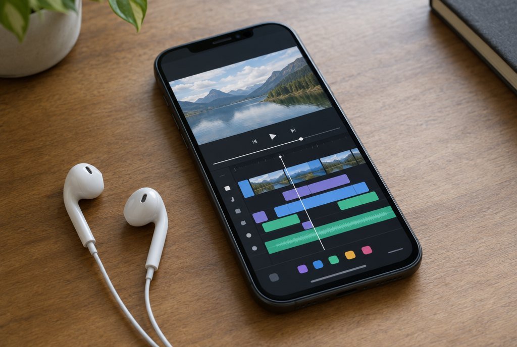 Téléphone posé sur un bureau, une application de montage vidéo ouverte à l'écran
