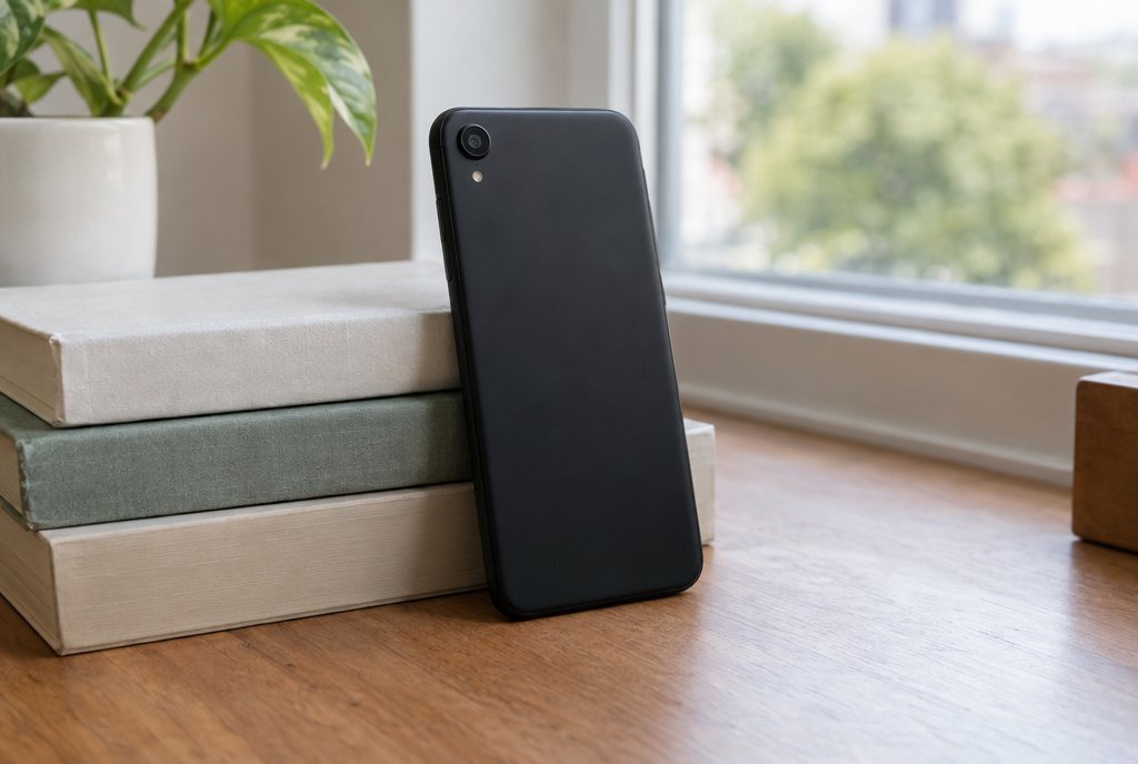 Smartphone noir vu de dos, posé debout contre une pile de livres sur un bureau