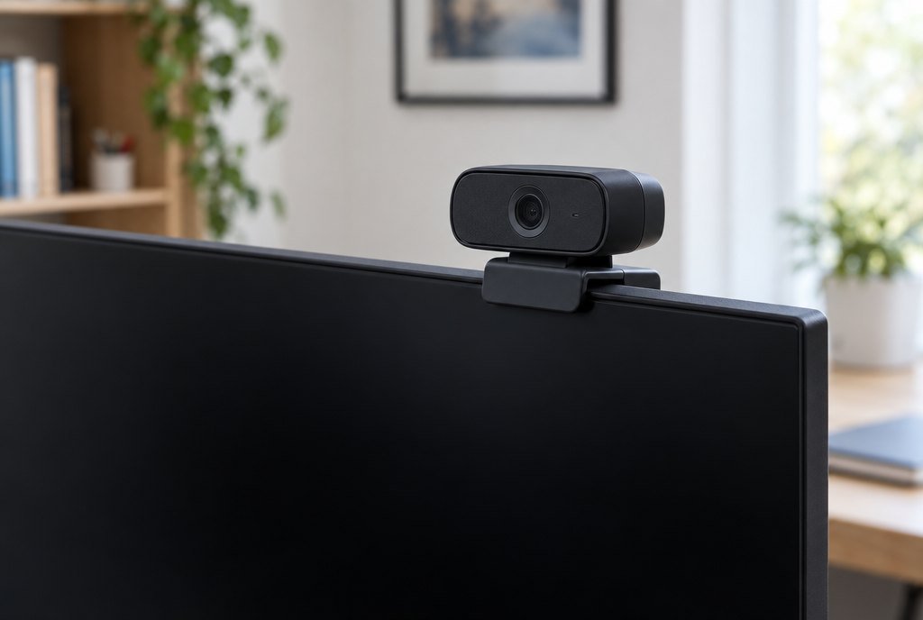 Petite webcam noire fixée sur le bord supérieur d'un écran d'ordinateur