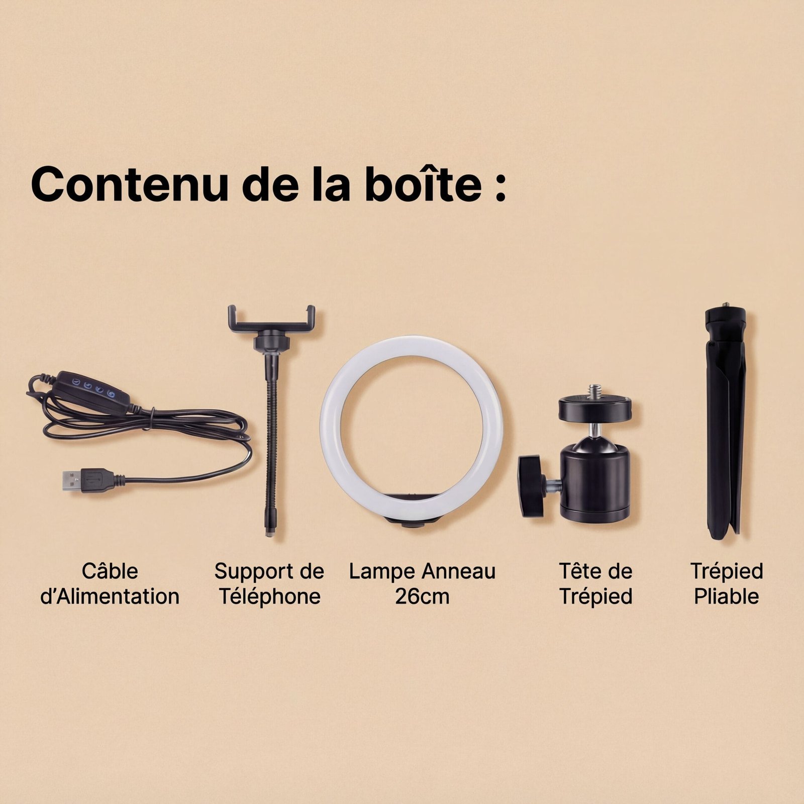 Contenu d'un kit d'éclairage de bureau : anneau 26 cm, trépied pliable, tête de trépied, support téléphone et câble USB