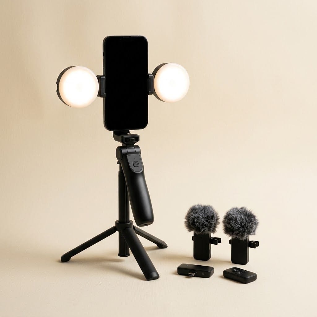 Smartphone sur le trépied du kit vlogging, encadré par les deux lampes LED rondes allumées, micros cravate posés à côté