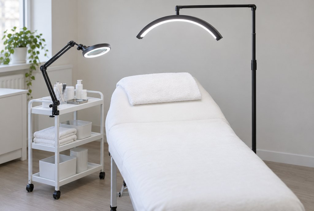 Lampe d'esthéticienne au-dessus du divan de soin Cabine d'esthétique vide : divan de soin blanc, lampe demi-lune noire sur pied allumée au-dessus du repose-tête et lampe loupe pincée au bord d'un guéridon