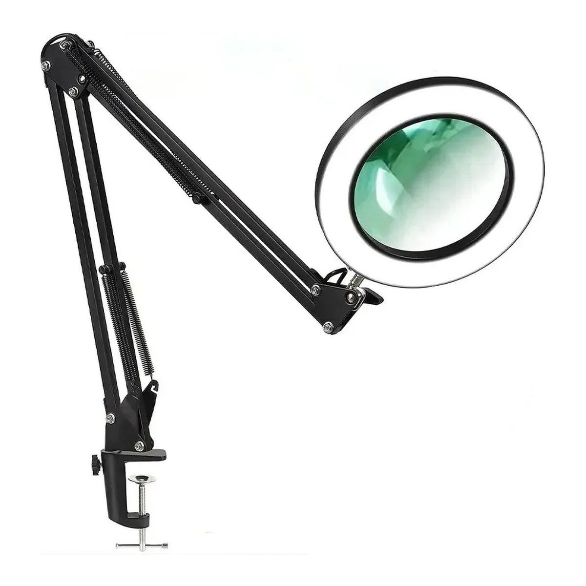 Lampe loupe LED noire à bras articulé, allumée, avec sa pince de fixation au bord de la table
