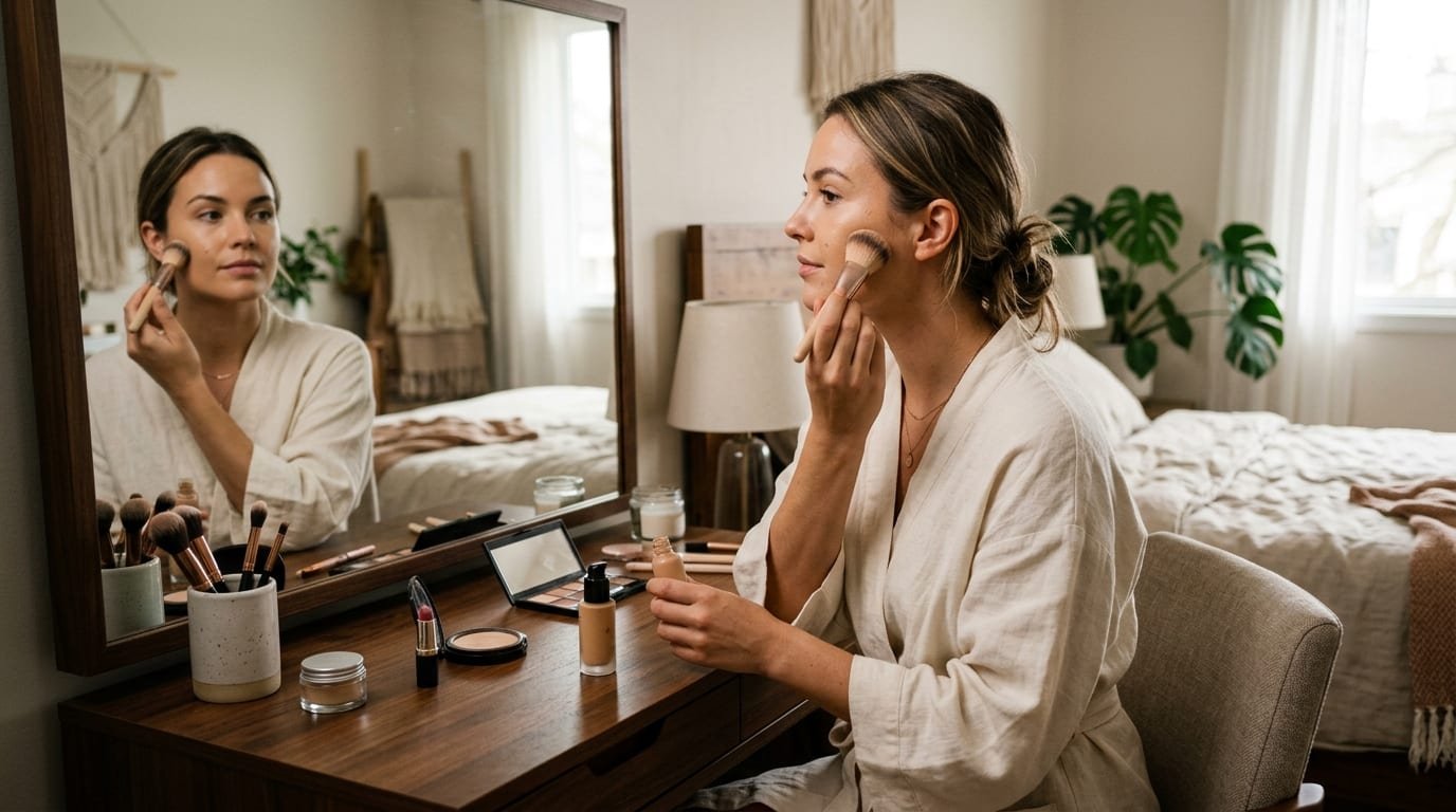 Femme appliquant son fond de teint face au miroir de sa coiffeuse, dans une chambre claire éclairée par la lumière du jour