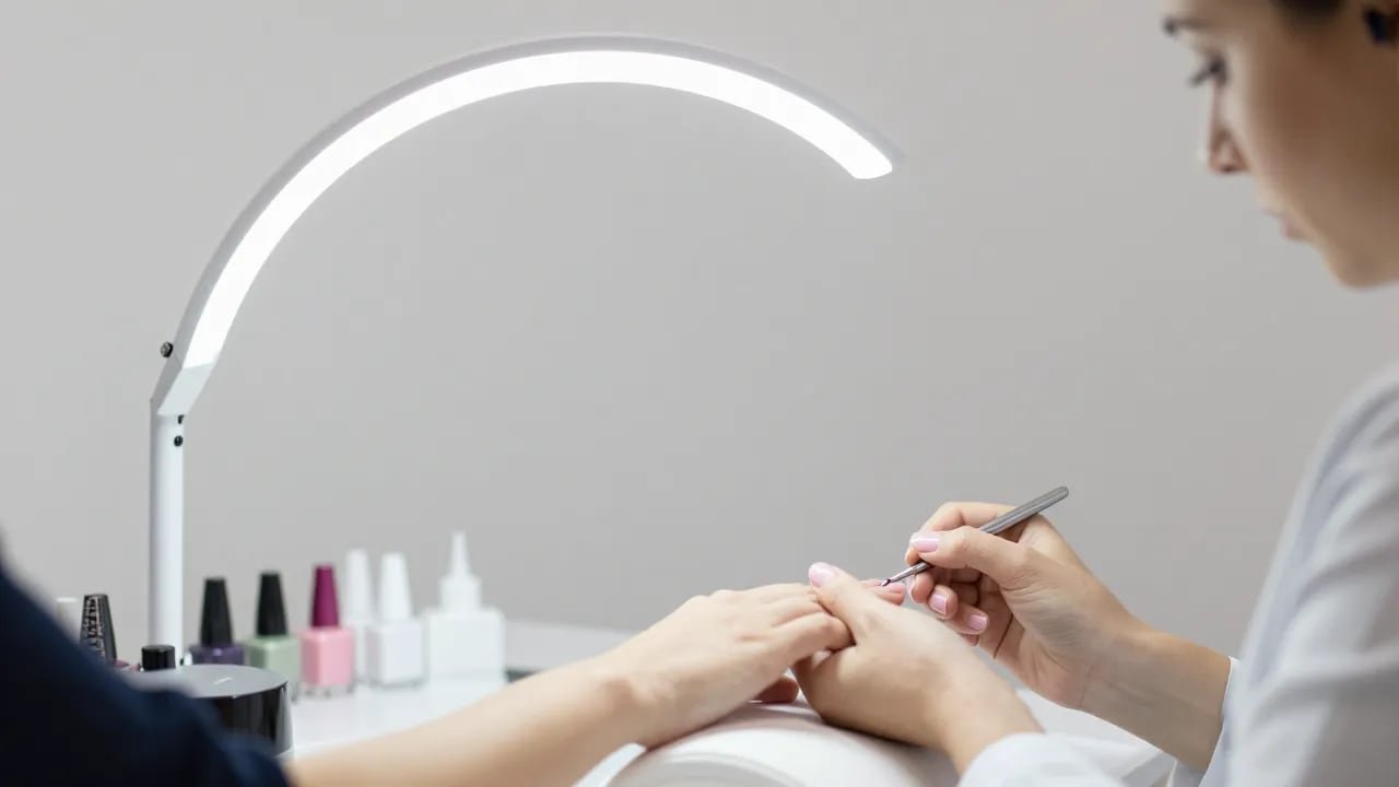 Lampe de prothésiste ongulaire au-dessus de la table Prothésiste ongulaire travaillant sur les ongles d'une cliente sous une lampe demi-lune blanche dont l'arc passe au-dessus de la table de manucure