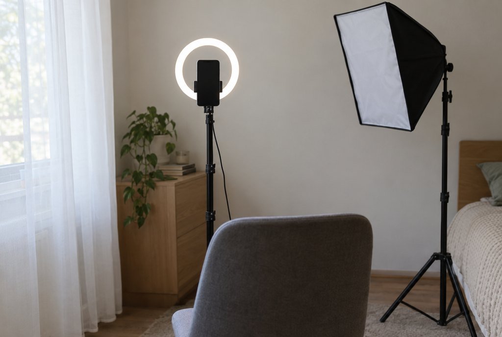 Lampe TikTok : anneau, softbox et fenêtre dans la même pièce Coin de chambre aménagé pour filmer : un téléphone à la verticale sur trépied, un anneau lumineux allumé juste derrière lui, une softbox éteinte sur le côté et une fenêtre voilée à gauche