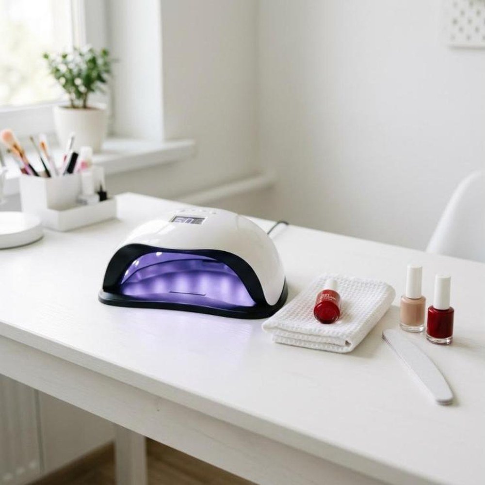 Lampe UV pour ongles allumée sur une table de manucure blanche, à côté de flacons de vernis