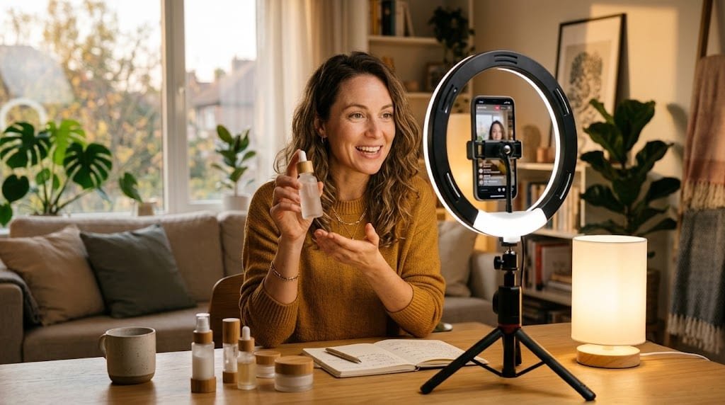 Vendeuse en live shopping présentant un produit face au téléphone sur trépied, anneau lumineux à hauteur d'yeux et lampe d'appoint sur la table