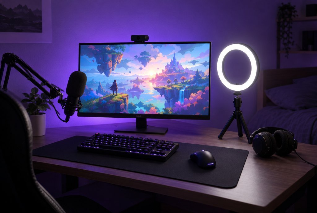 Un setup streaming de débutant Bureau de streaming de débutant le soir : écran, micro sur bras articulé, webcam, ring light allumée et mur éclairé en violet