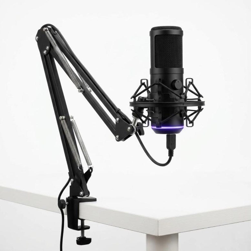 Micro USB noir à condensateur sur son bras articulé à ressorts, fixé au bord d’un bureau blanc