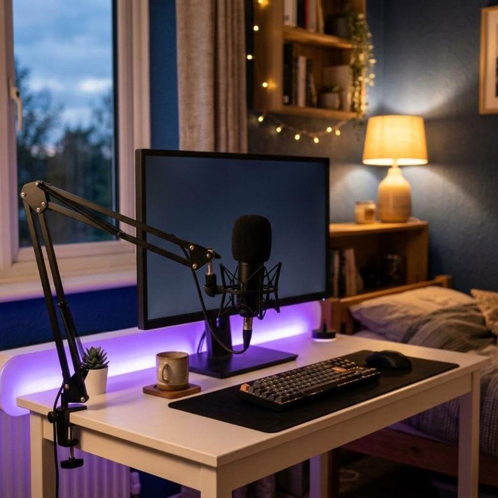 Micro USB sur son bras articulé devant un écran, sur un bureau de streaming éclairé en violet