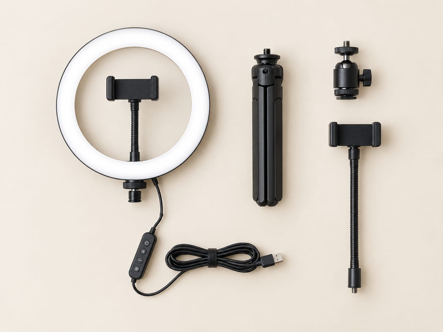 Les pièces du kit à plat : l'anneau lumineux, le trépied de table plié, la rotule d'orientation et le col de cygne porte-téléphone