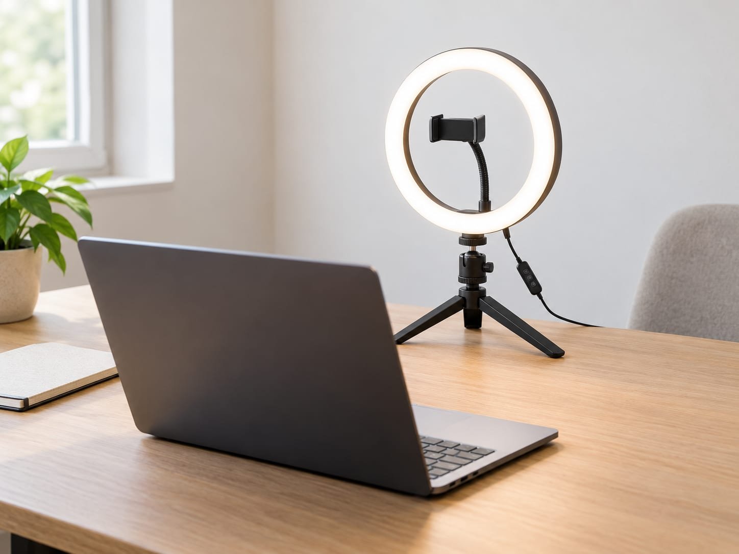 Mini ring light allumée sur son trépied de table, posée derrière un ordinateur portable ouvert sur un bureau