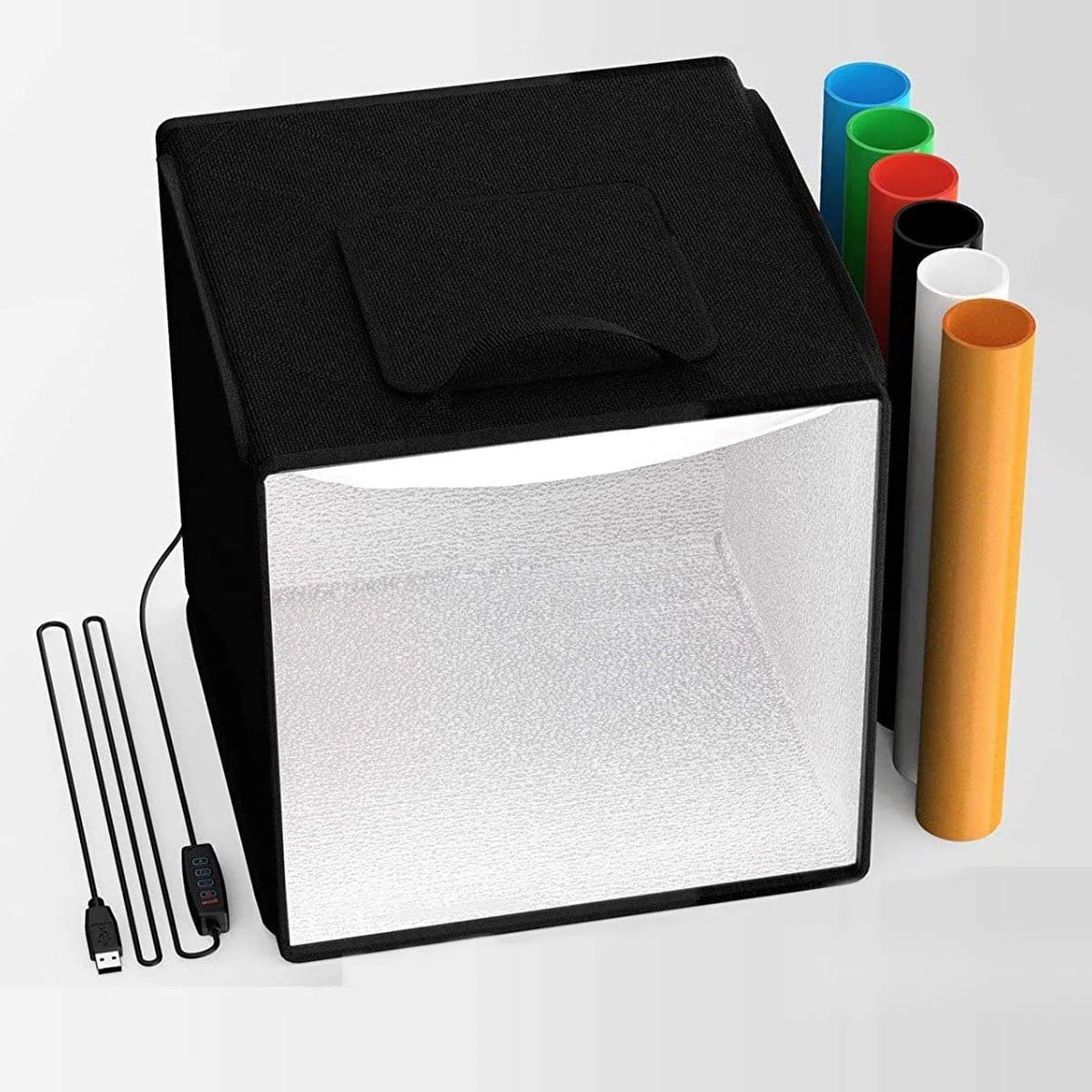 Mini studio photo pliable de 30 cm, noir, intérieur blanc, avec ses six fonds de couleur et son câble USB à boîtier de commande