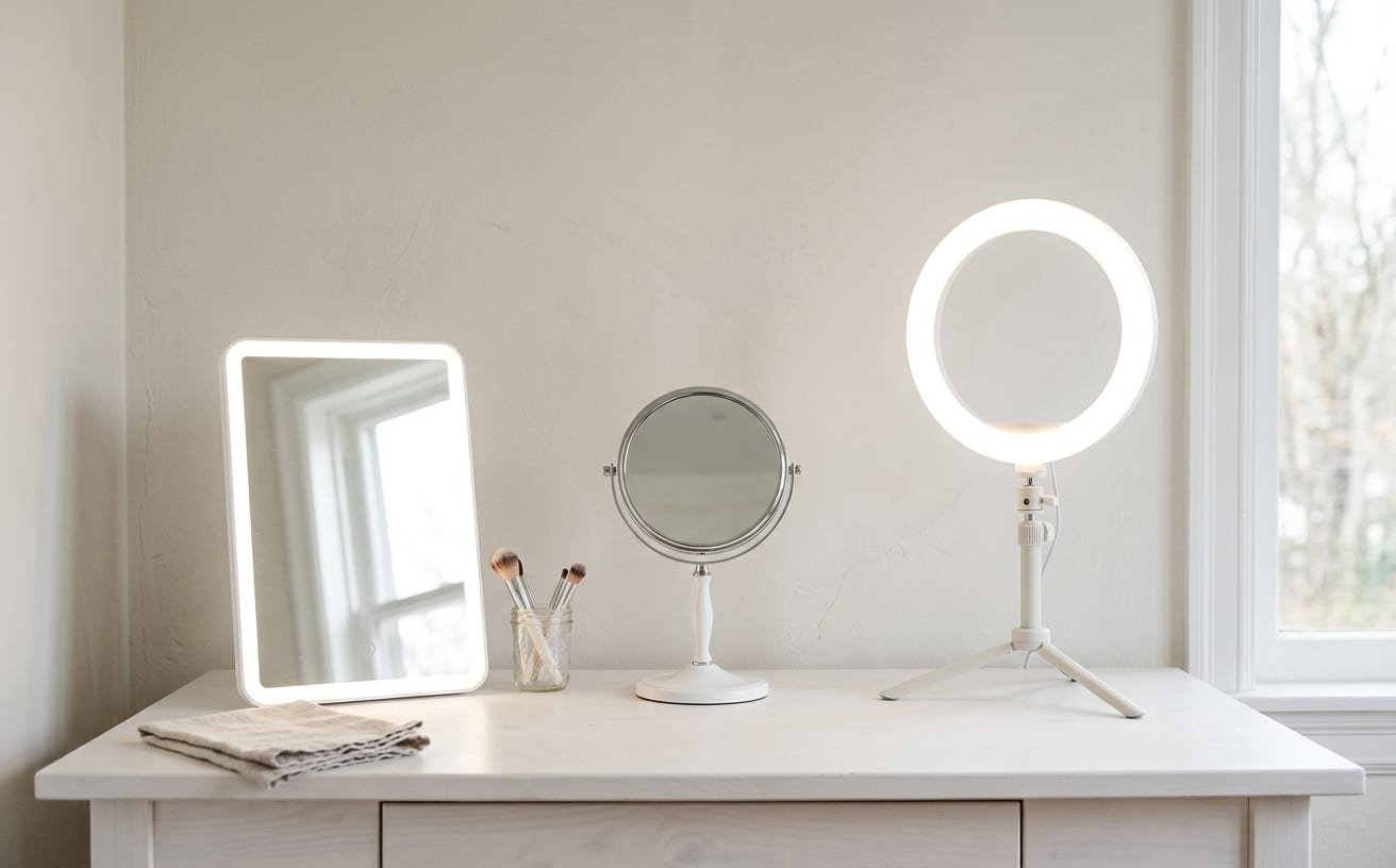 Trois solutions sur une coiffeuse : un miroir lumineux à LED, un miroir grossissant rond et un anneau lumineux sur pied