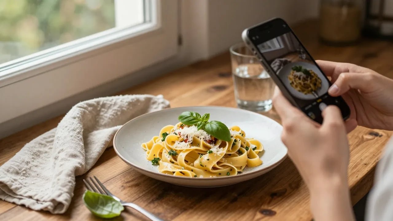 Photo de nourriture à la lumière latérale d'une fenêtre Assiette de tagliatelles au basilic sur une table en bois près d'une fenêtre, deux mains la photographient au téléphone, la lumière du jour arrive de côté