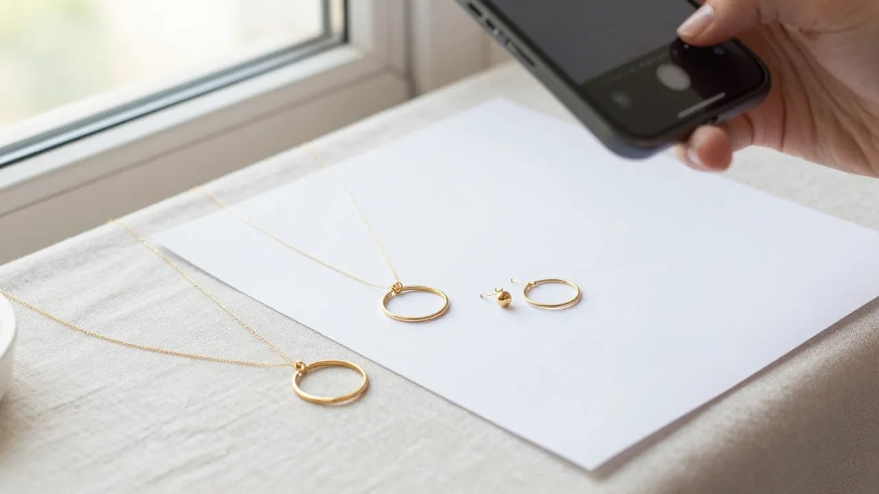 Photographier des bijoux à la lumière d'une fenêtre Colliers et boucles d'oreilles dorés posés sur une feuille blanche près d'une fenêtre, une main tient un téléphone au-dessus pour les photographier