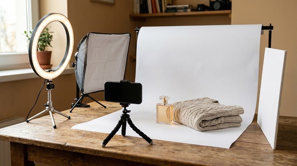 Table de studio photo maison : lampe pour photo en anneau, petite softbox, fond de papier blanc incurvé, réflecteur et téléphone sur mini-trépied
