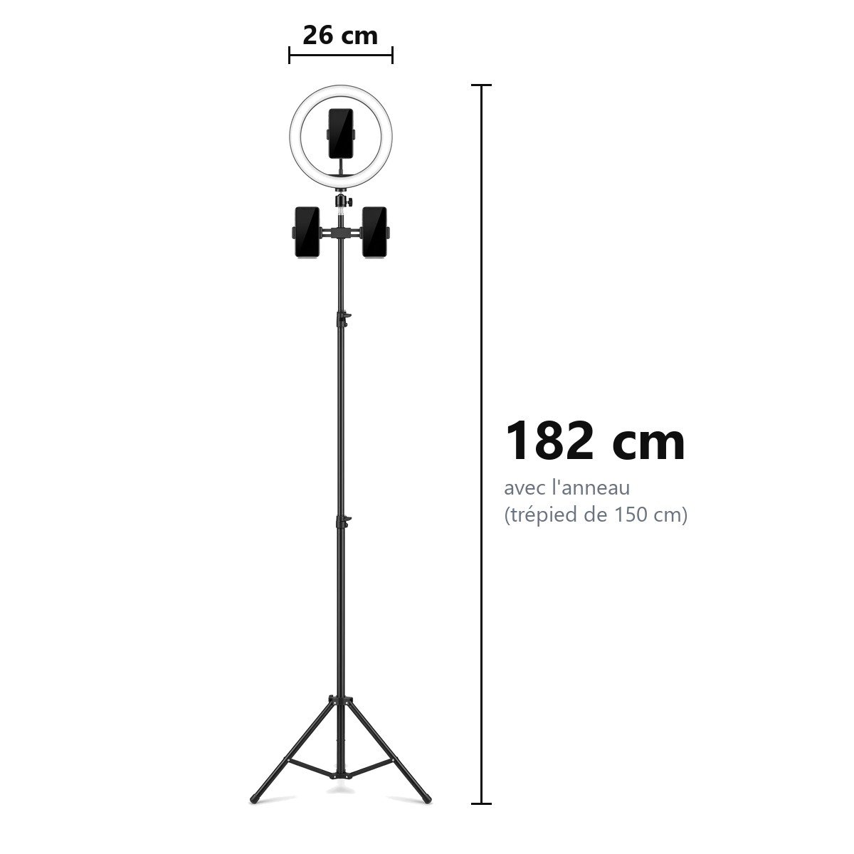 Ring light de 26 cm à 3 supports sur son trépied déplié de 150 cm : 182 cm de haut avec l’anneau