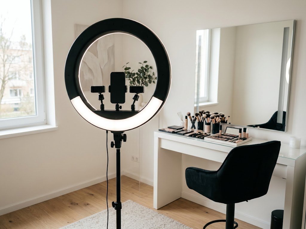 Ring light de 45 cm sur trépied, allumée, devant un fauteuil et une coiffeuse de maquillage dans un studio de beauté