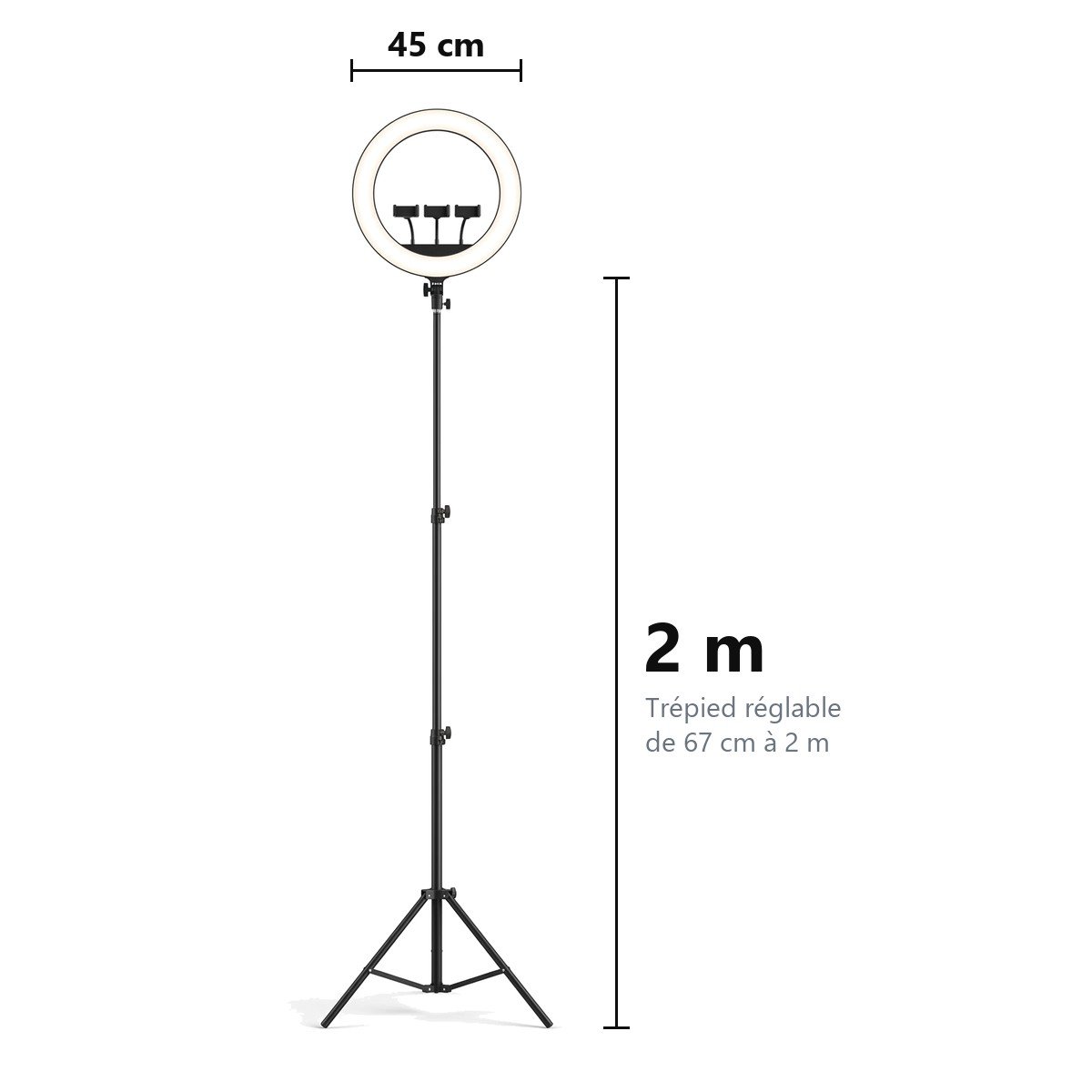 Ring light de 45 cm sur son trépied déplié : 2 m de haut, réglable de 67 cm à 2 m