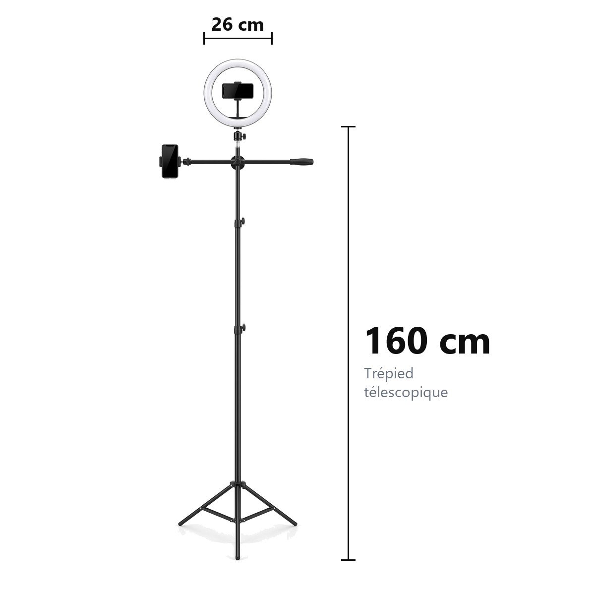 Ring light de 26 cm à bras déporté sur son trépied déplié de 160 cm