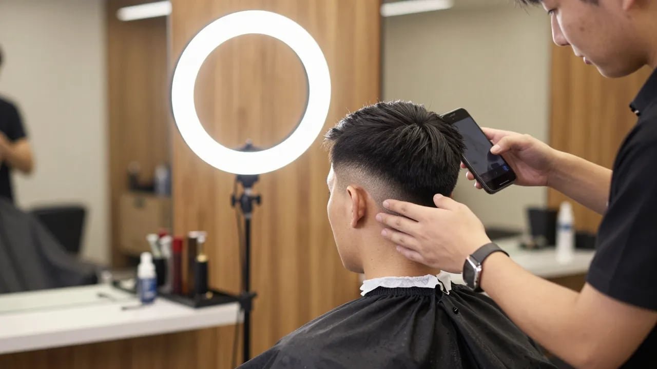 Barbier qui photographie au smartphone le dégradé d'un client vu de dos, un anneau lumineux sur pied allumé devant le client, dans un salon de coiffure