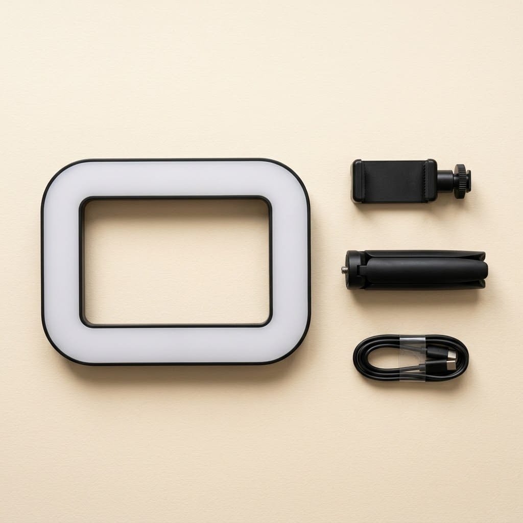Contenu du kit à plat : cadre lumineux, pince pour smartphone, poignée-trépied repliée et câble de charge USB