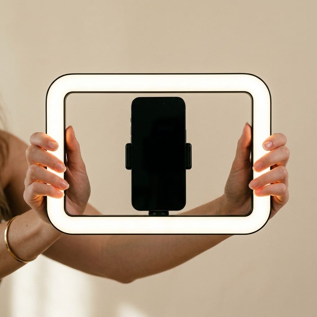 Ring light portable tenue à deux mains par son bandeau lumineux, smartphone pincé au centre, écran éteint