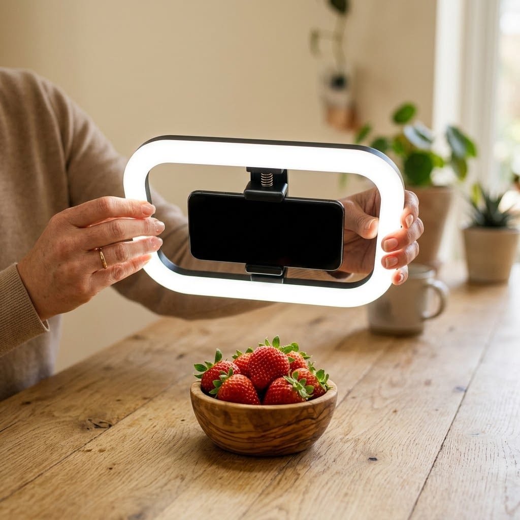 Ring light portable tenue au-dessus d'un bol de fraises sur une table en bois, téléphone au centre, pour une photo produit sans ombre