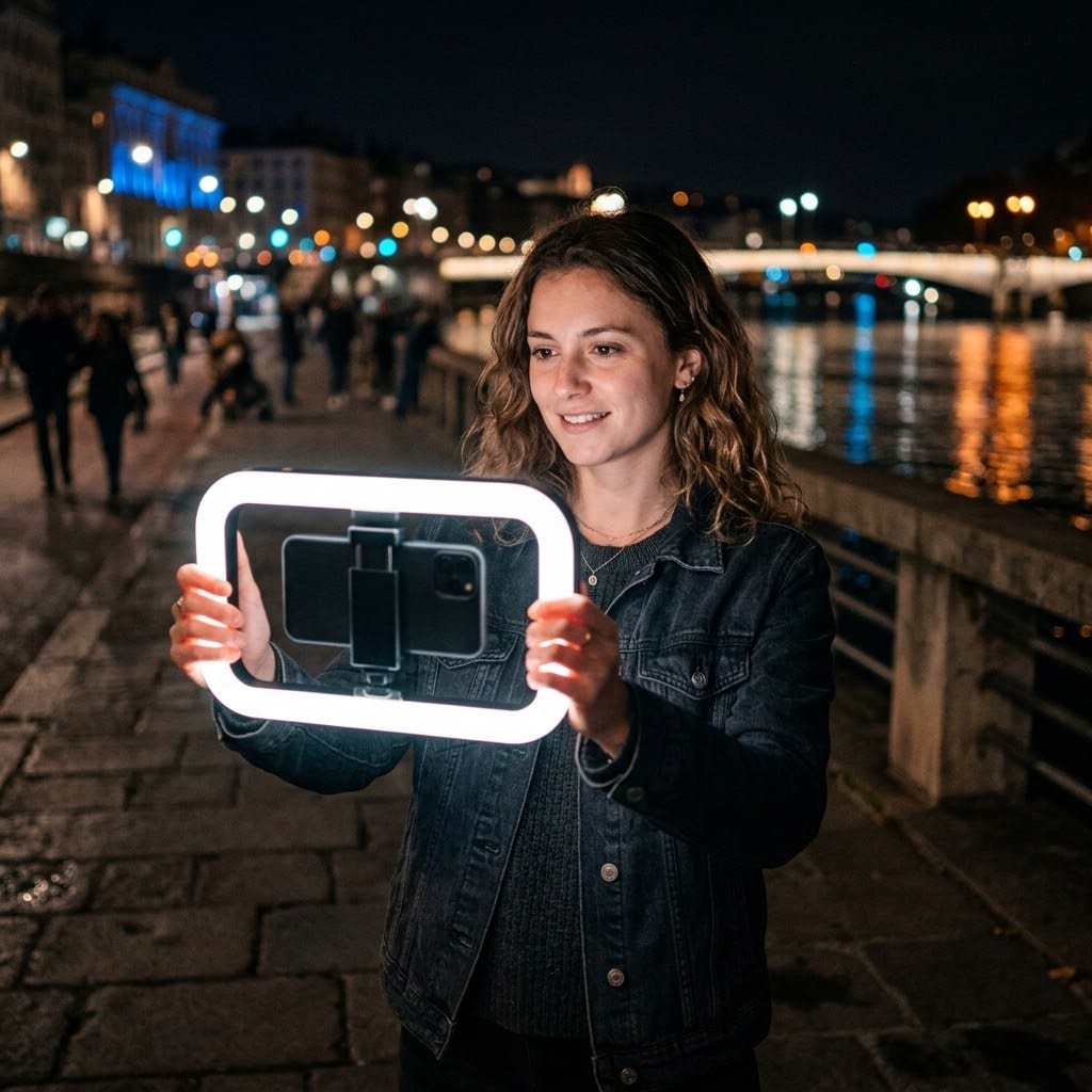 Jeune femme qui se filme le soir sur un quai en ville, la ring light portable tenue devant elle éclaire son visage