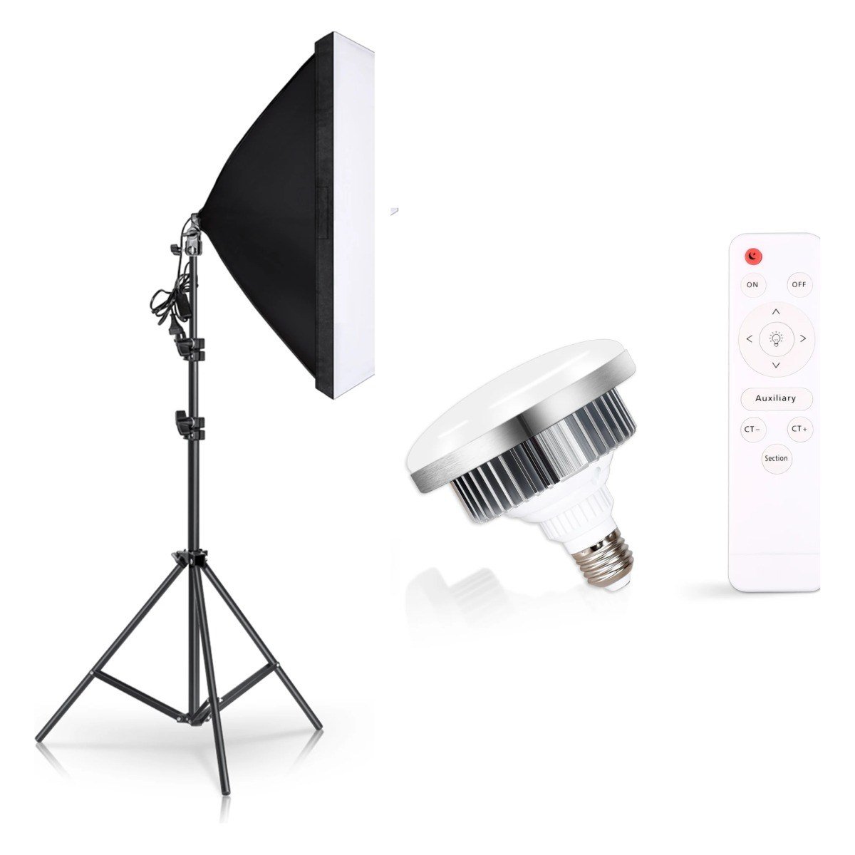 Softbox 50 × 70 cm montée sur son trépied, avec son ampoule LED à culot E27 et sa télécommande