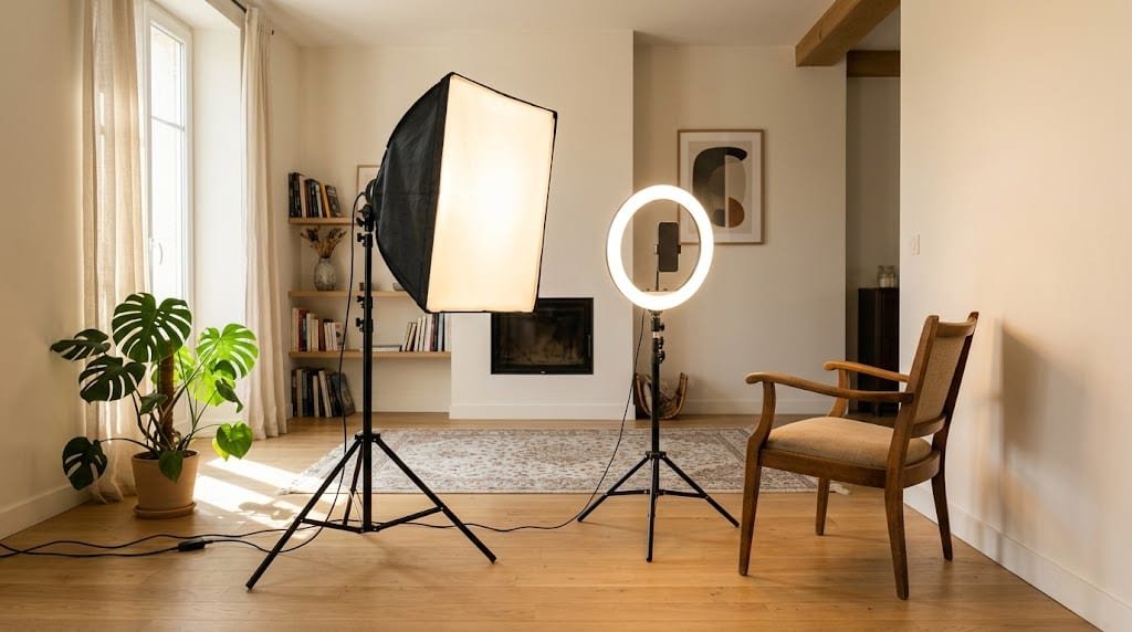 Softbox ou ring light : les deux sources côte à côte Une softbox carrée sur pied et une ring light de 26 cm sur trépied côte à côte dans un salon, face à un fauteuil