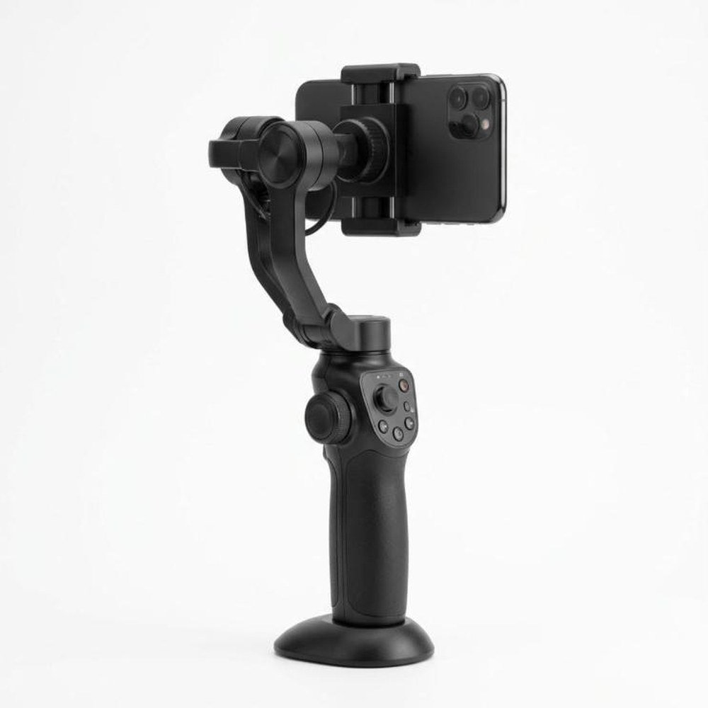 Stabilisateur 3 axes noir pour smartphone, déplié, un téléphone tenu dans sa pince