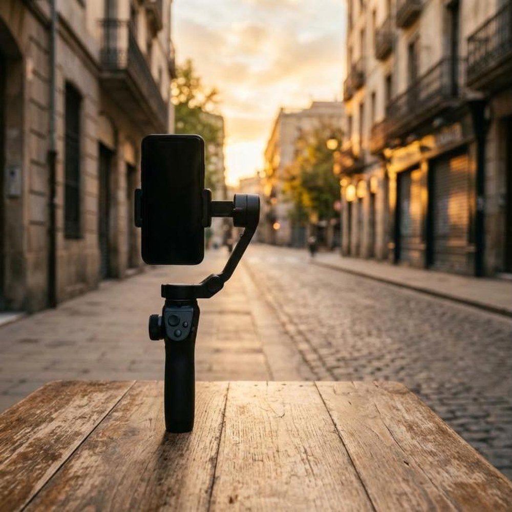 Stabilisateur avec un téléphone, posé sur une table en terrasse au soleil levant