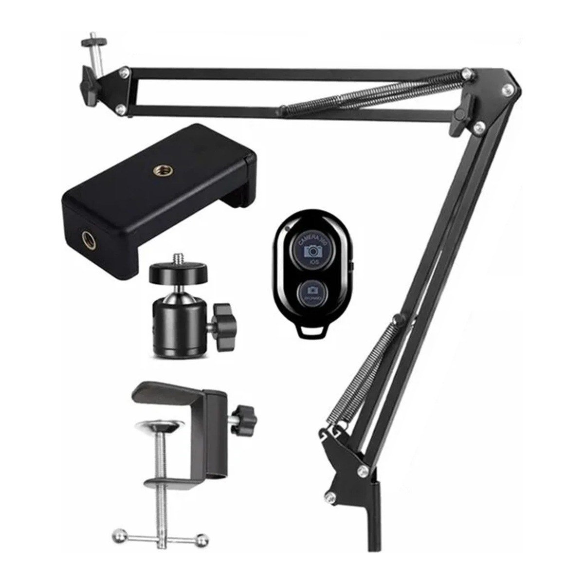 Support de téléphone à bras articulé noir, avec sa pince de table, sa pince pour téléphone, sa rotule et sa télécommande Bluetooth