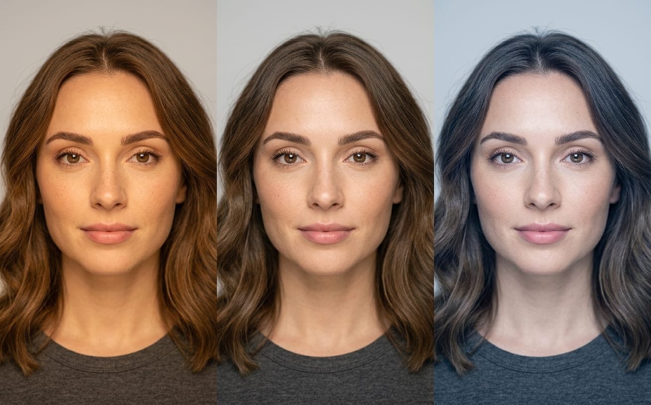 Le même visage maquillé éclairé à 3 000 K, 4 500 K et 6 000 K : teinte dorée, neutre, puis blanc froid