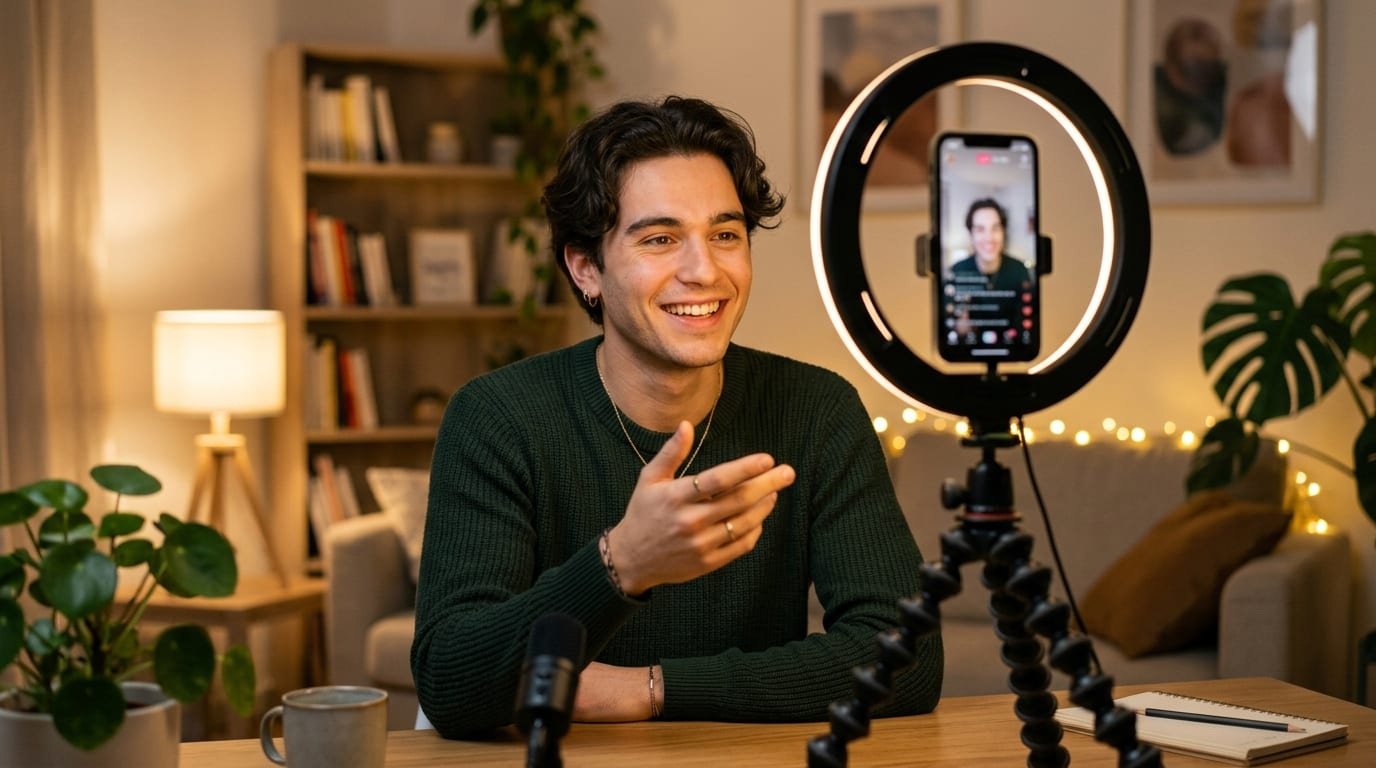 Créateur en TikTok Live, téléphone vertical sur trépied, anneau lumineux à hauteur d'yeux dans un salon le soir