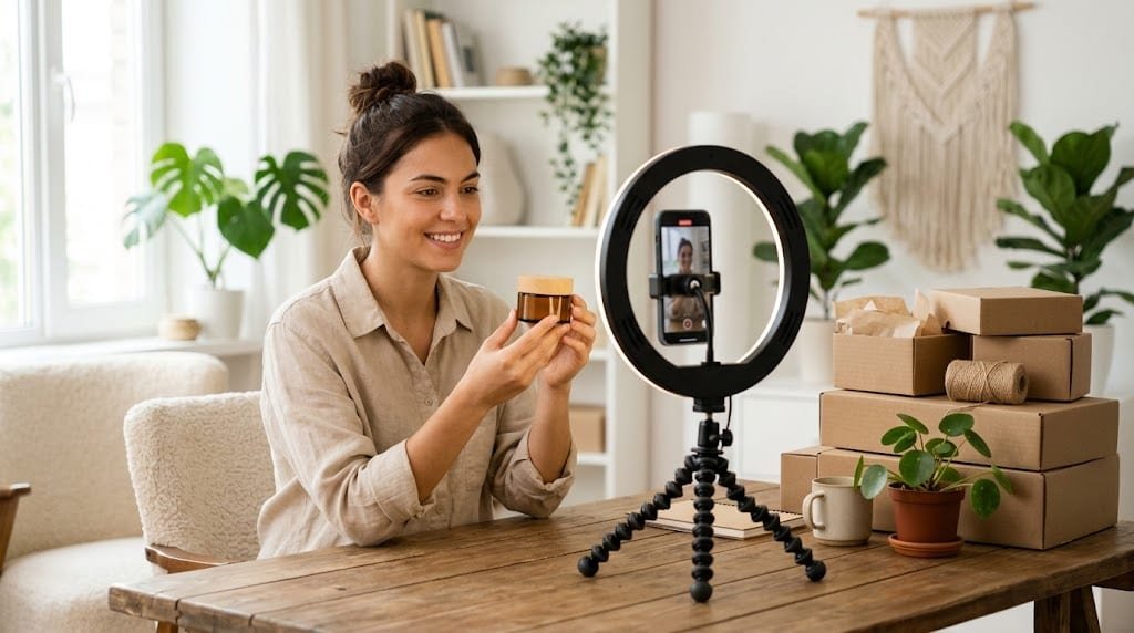 Vendeuse filmant une vidéo produit pour TikTok Shop, petit objet tenu à la main sous un anneau lumineux de table