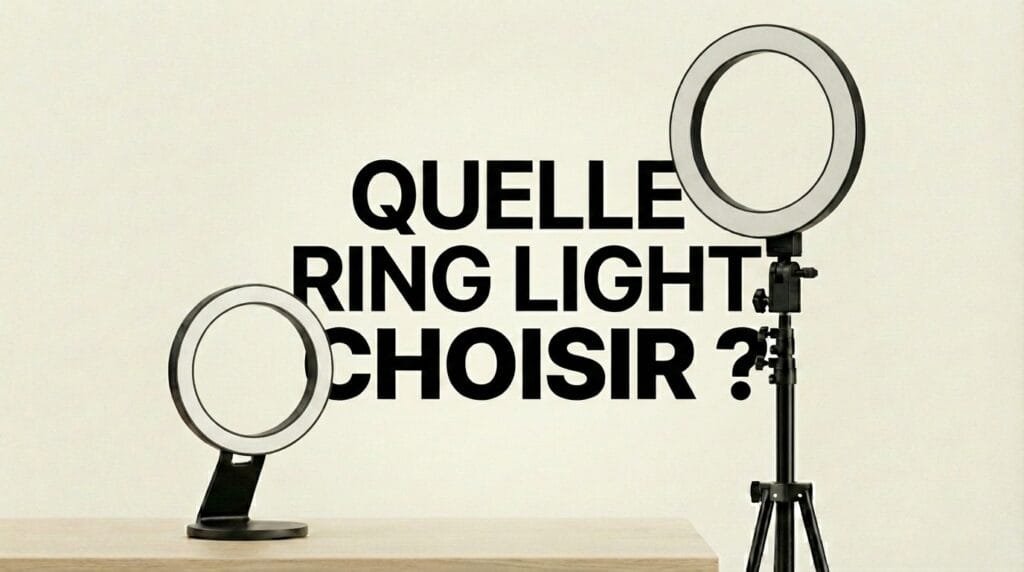 Comparatif visuel entre une Mini Ring Light de bureau et une Ring Light Studio sur trépied avec le titre Quelle Ring Light Choisir.