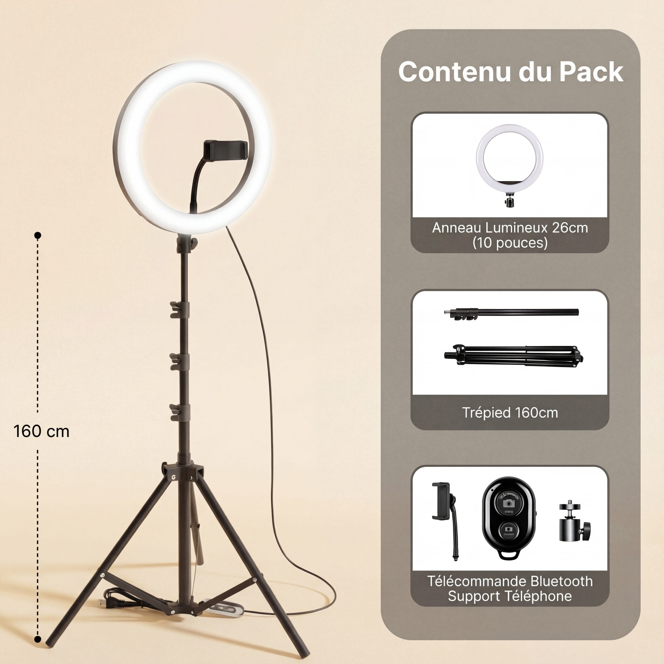 Dimensions de l'anneau lumineux 26cm et angles de rotation 360 degrés pour smartphone.